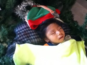Alvaro resting peacefully as baby Jesus in our nativity scene